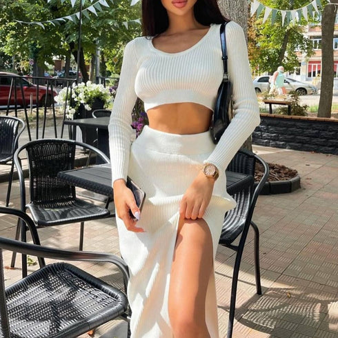 Rachel Rose Furcal-gebreid tweedelig pak
